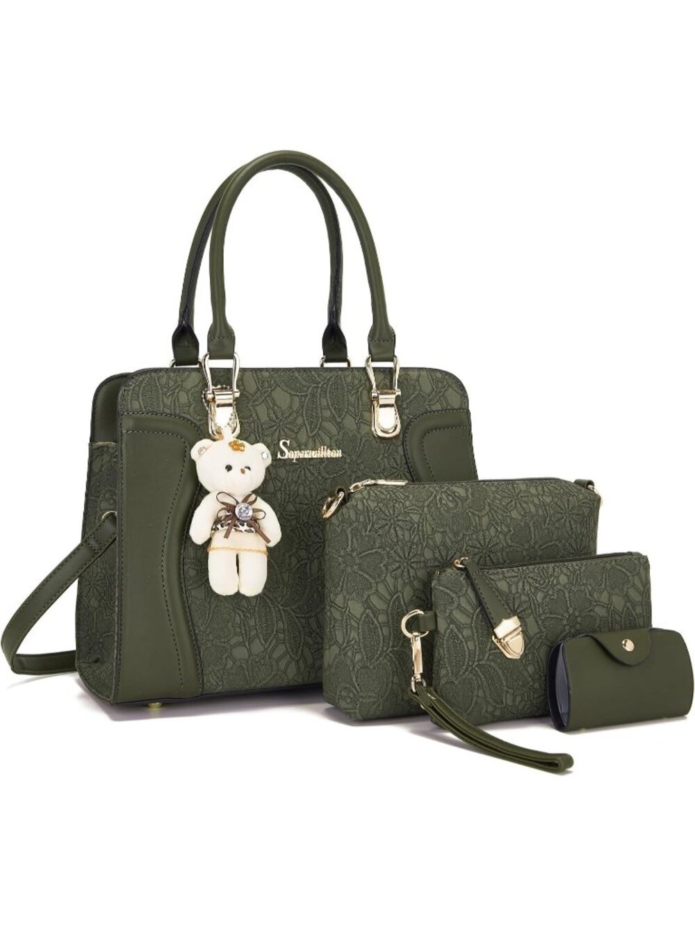 Women's Green 4Pc Handbag Set Tote Shoulder Satchel Purse with Bear Charm